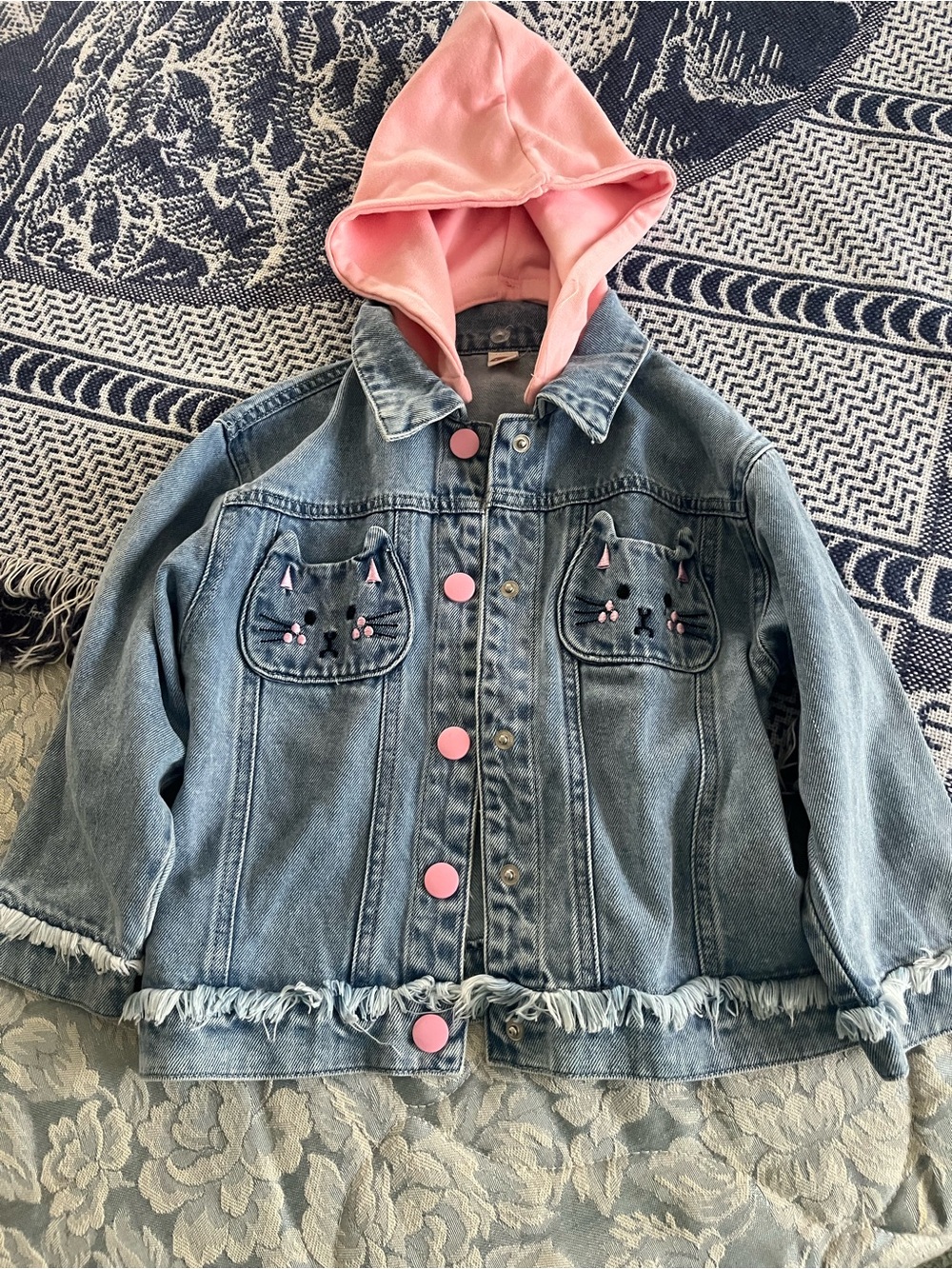 Girls' Denim Hooded Jacket with Pink Accents